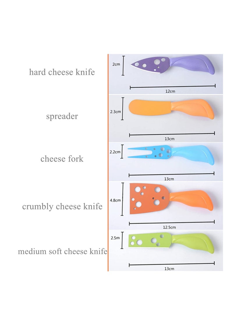 مجموعة سكاكين الجبنة، سكاكين فولاذية مقاومة للصدأ مع أدوات ملونة، ملحق لوح الجبن والمقبلات، أدوات صغيرة للمأكولات المتنوعة مع شفرات كاملة الطول (5 قطع) - Image 2