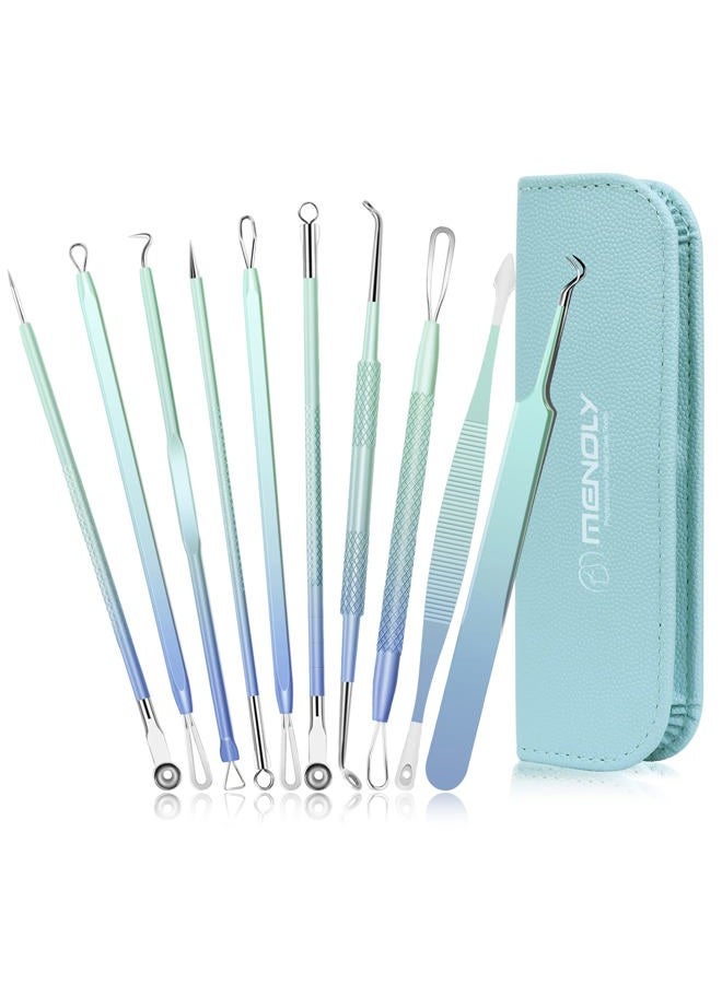 MENOLY Latest 10 Pcs Blackhead Remover Pimple Popper Tool Kit, Acne Kit for Blackhead, Zit Removing, Whitehead Popping and Comedone Extractor Tool, with a Leather Bag (Blue) - Image 1