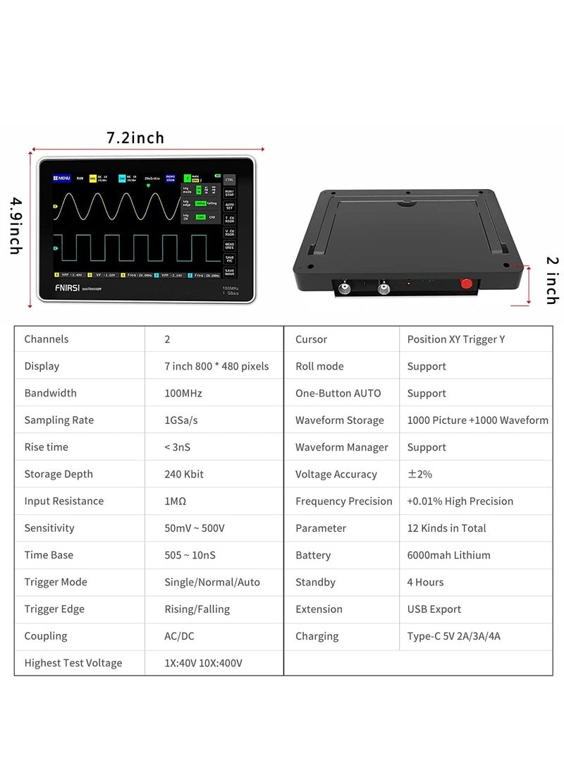Generic - Handheld 1013D Oscilloscope - 2 Channels, 100MHz Bandwidth, 1GSa/s Sampling Rate, 7" TFT LCD Touchscreen for Easy Operation and Clear Display. - Image 1