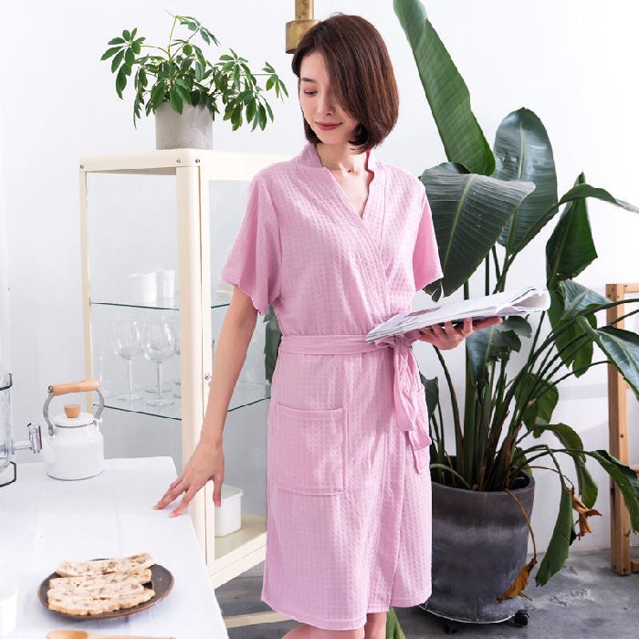 Couple Nightgown Waffle Long Sleeve El Bathrobe Men'S And Women'S Morning Robe Couple Pajamas Mid-Length Home Clothes - Image 1