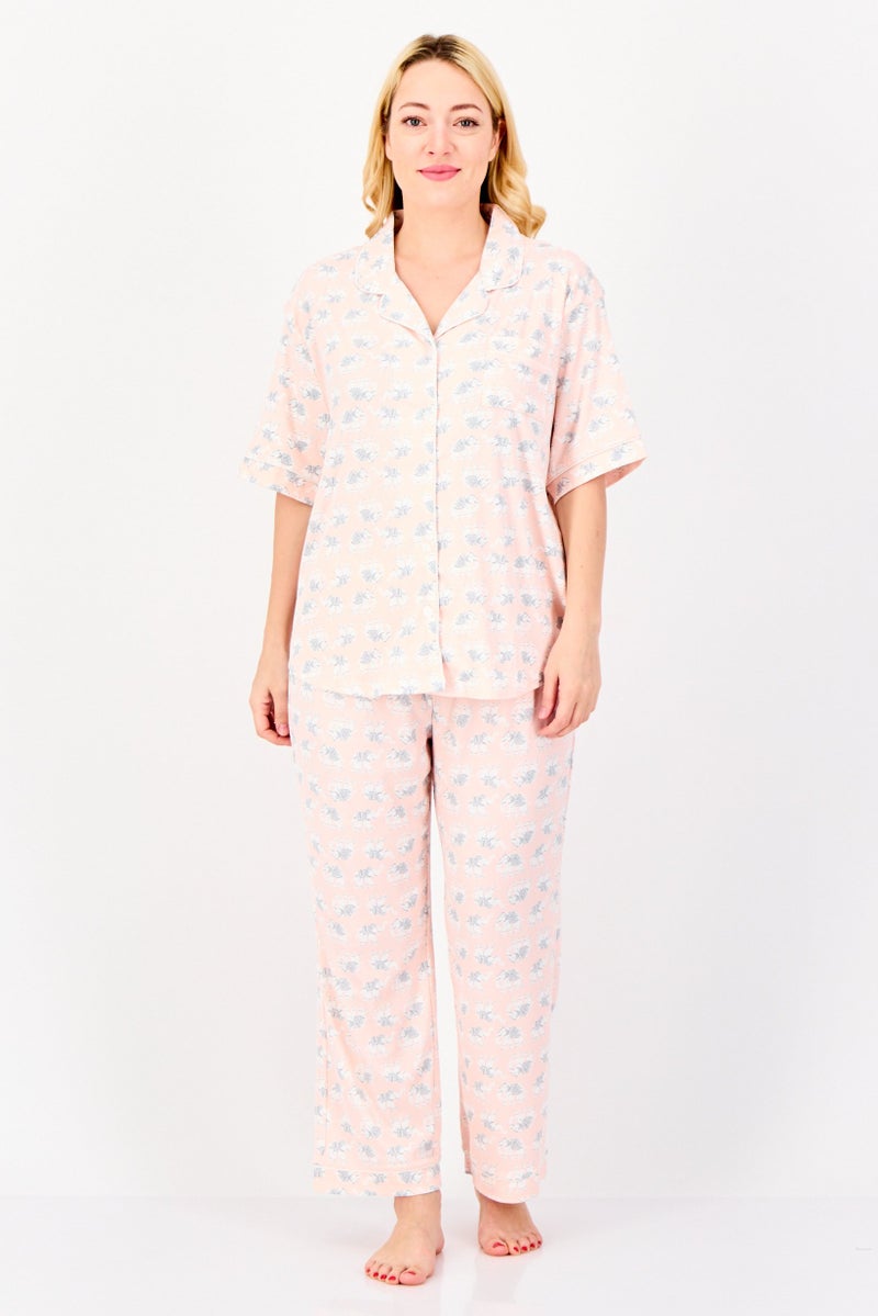 Flora By Flora Nikrooz Women 2 Pieces Allover Print Short Sleeve Pajama Top And Bottom Set, Multicolor - Image 1