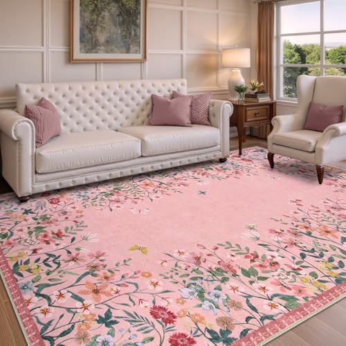 Wonnitar Washable Rug, 5x7 Pink Rugs for Living Room, Floral Print Non-Slip Area Rugs for Bedroom Girls, Soft Large Throw Carpet for Kids Nursery Room (Pink,5'x7') - Image 2