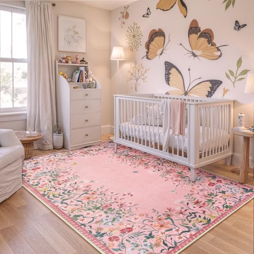 Wonnitar Washable Rug, 5x7 Pink Rugs for Living Room, Floral Print Non-Slip Area Rugs for Bedroom Girls, Soft Large Throw Carpet for Kids Nursery Room (Pink,5'x7') - Image 5
