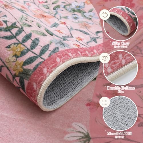 Wonnitar Washable Rug, 5x7 Pink Rugs for Living Room, Floral Print Non-Slip Area Rugs for Bedroom Girls, Soft Large Throw Carpet for Kids Nursery Room (Pink,5'x7') - Image 3