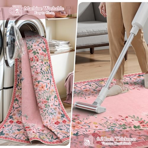 Wonnitar Washable Rug, 5x7 Pink Rugs for Living Room, Floral Print Non-Slip Area Rugs for Bedroom Girls, Soft Large Throw Carpet for Kids Nursery Room (Pink,5'x7') - Image 4