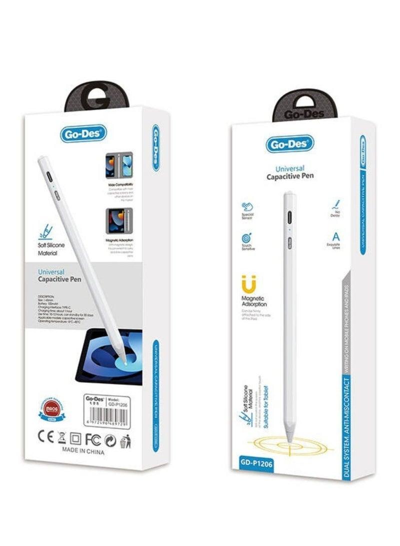 GO-DES GD-P1206 Universal Stylus Pen – White Palm-Rejection Magnetic Drawing Pen for iPads, Tablets & Smartphones – High-Precision Touchscreen Stylus for Writing & Sketching - Image 3
