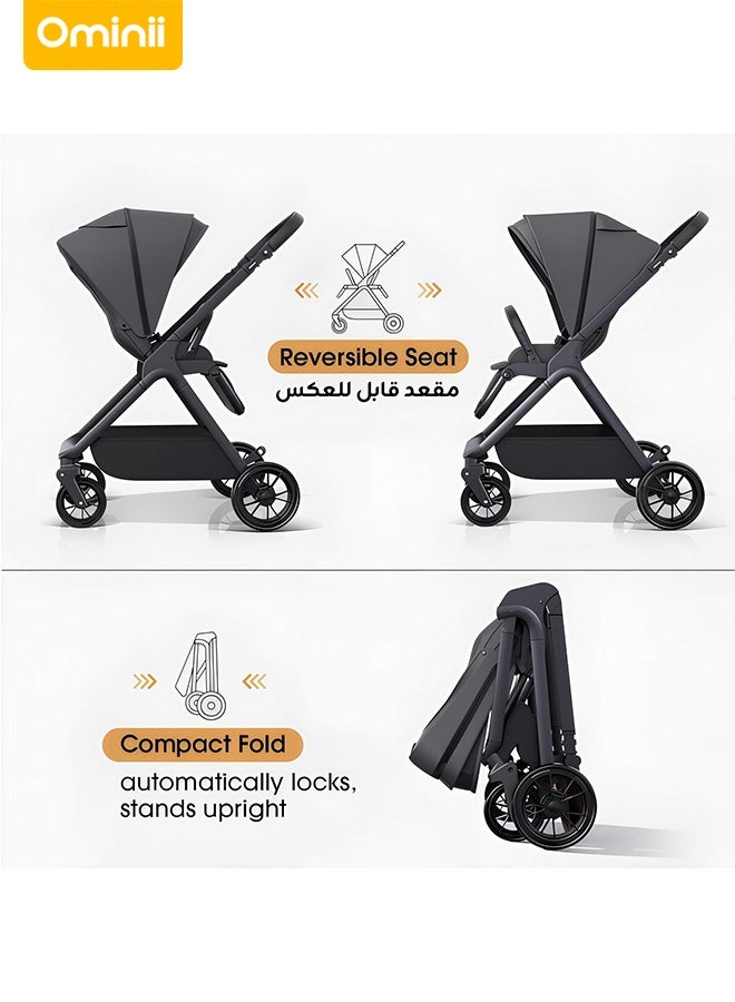 Ominii Premium Reversible Baby Stroller, 100°–180° Multi-Position Recline with Lie-Flat Mode, Extra-Wide Seat, Suspension Rubber Wheels, Compact Self-Standing Fold - Image 3