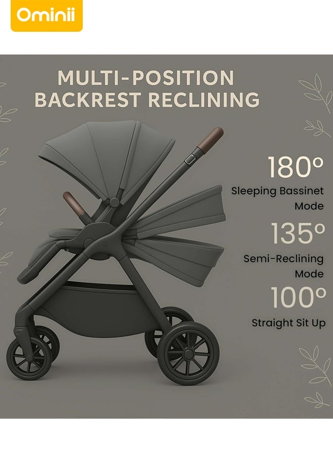Ominii Premium Reversible Baby Stroller, 100°–180° Multi-Position Recline with Lie-Flat Mode, Extra-Wide Seat, Suspension Rubber Wheels, Compact Self-Standing Fold - Image 2