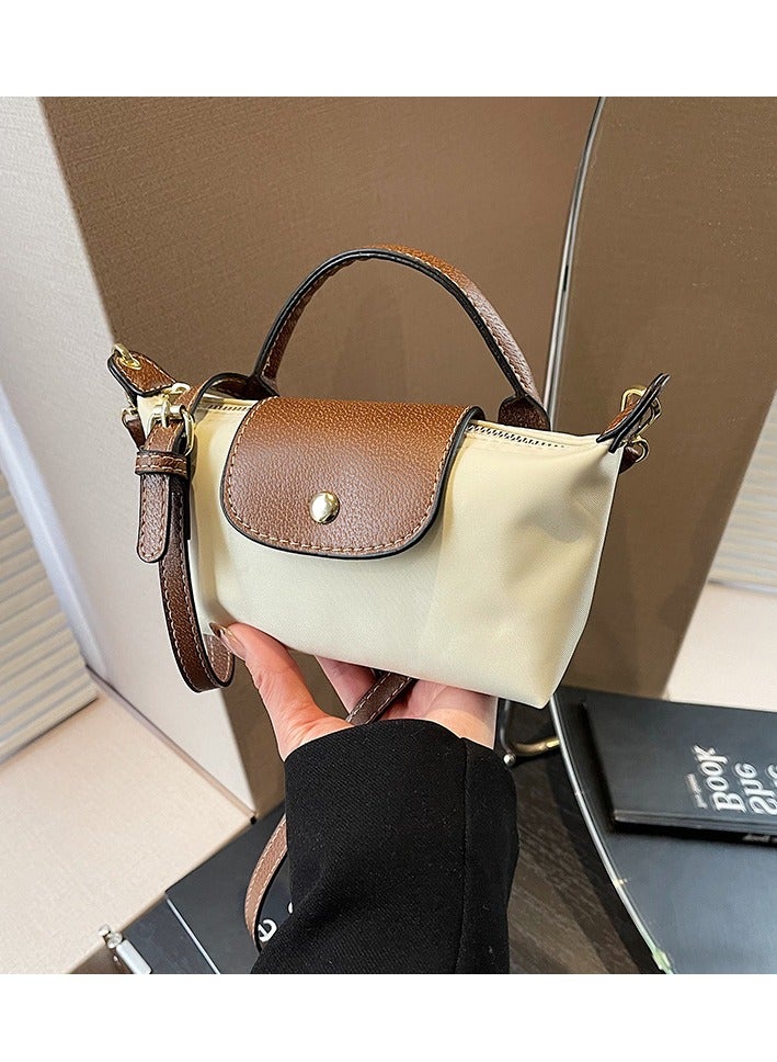 Mini Nylon Crossbody Handbag,Off-white with Brown PU Trim, Top Handle  - Image 1