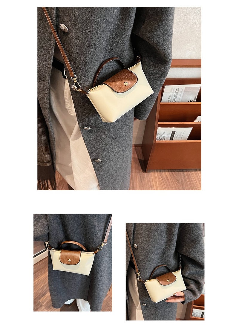 Mini Nylon Crossbody Handbag,Off-white with Brown PU Trim, Top Handle  - Image 2