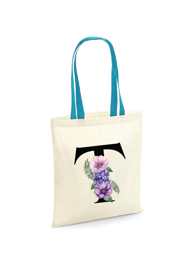 PRINTSHOP4ME Initial Letters Canvas Cotton Tote Bag with Blue handle - Ideal Gifts for Bridesmaids - Shopping - Party Bag - Reusable Shopping Bags - Image 1