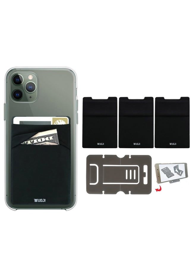 WUOJI [2pc] 3 in 1 RFID Blocking Metal Plate Phone Card Wallet - Double Secure Pocket - Mounts to Magnets -Self Adhesive Credit Card Holder Phone Wallet Sticker for All Smartphones Black - Image 1