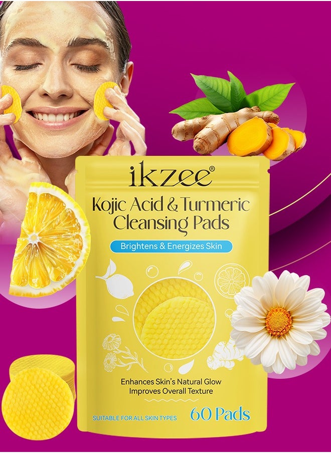 IKZEE - 60Pcs Kojic Acid & Turmeric Cleansing Pads for Dark Spots Turmeric Kojic Acid Cleansing Pads Helps Balance Skin Oil & Water Fade Spot Remove Excess Keratin Clean Oil Refines Pores - Image 1