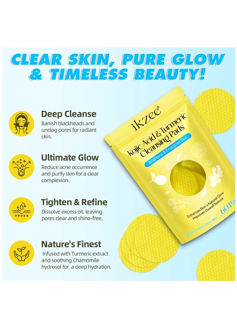IKZEE - 60Pcs Kojic Acid & Turmeric Cleansing Pads for Dark Spots Turmeric Kojic Acid Cleansing Pads Helps Balance Skin Oil & Water Fade Spot Remove Excess Keratin Clean Oil Refines Pores - Image 1