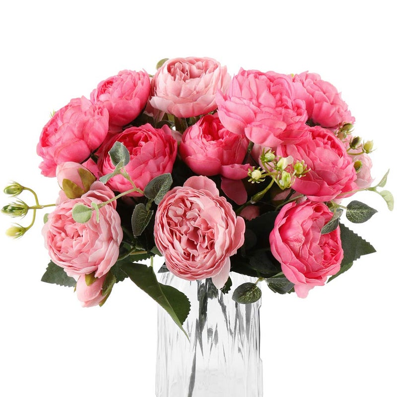 DEEMEI Artificial Peony Flower Silk Peonies Bouquet 4 Bundles Fake Flowers Bulk for Home Wedding Party Decor Rose RedPink