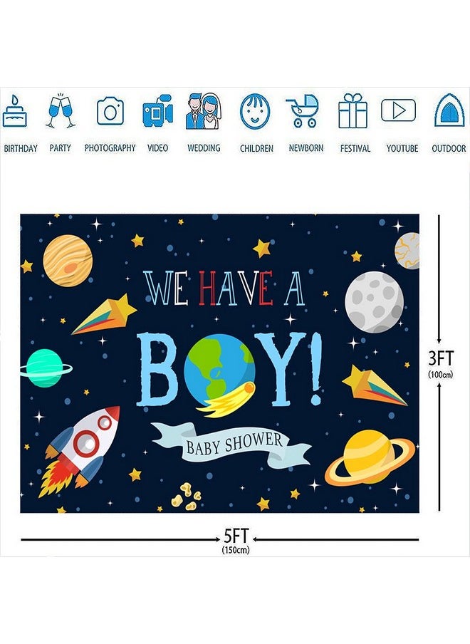 Ticuenicoa - We Have A Boy Backdrop For Baby Shower Outer Space Rocket Astronaut Theme Babyshower Backdrops Night Sky Hanging Stars Planet Galaxy Photo Background Kids Birthday Party Decoration 5X3Ft - Image 1