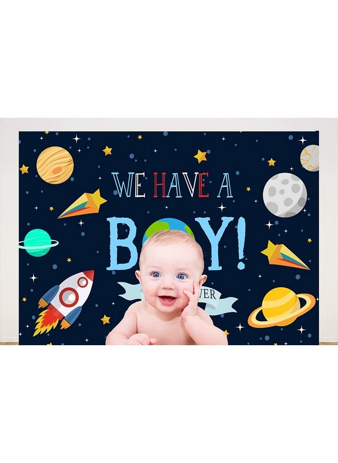 Ticuenicoa - We Have A Boy Backdrop For Baby Shower Outer Space Rocket Astronaut Theme Babyshower Backdrops Night Sky Hanging Stars Planet Galaxy Photo Background Kids Birthday Party Decoration 5X3Ft - Image 1