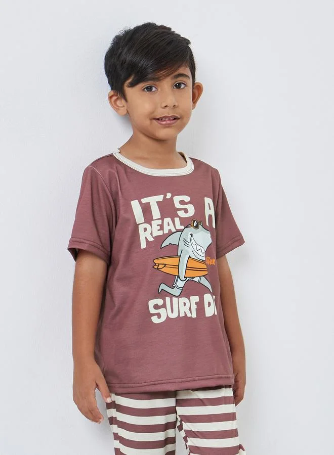 ستايلي Styli Shark Graphic T-Shirt and Striped Pyjama Set