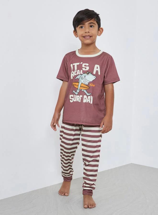 ستايلي Styli Shark Graphic T-Shirt and Striped Pyjama Set
