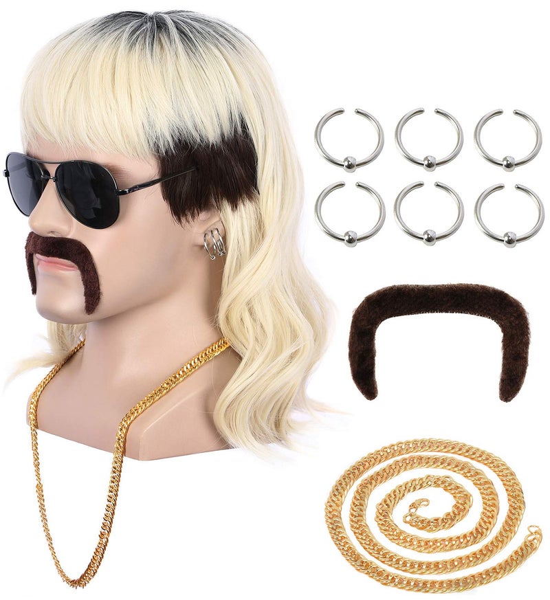 yuehong Long Black Roots Blonde Mens Wig Rock Star Style Mullet Fashion 70s 80s Wig with Moustache Earrings Necklace Heat Resistant Costume Hair