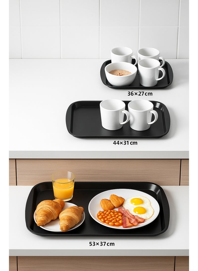favilla 3-Piece Serving Tray Set - Various Sizes - For easy serving of food and drinks. Stain and scratch resistant, easy to clean, lightweight, suitable for everyday indoor and outdoor use. Ergonomic design for carrying and use with trolleys. - Black - Image 1