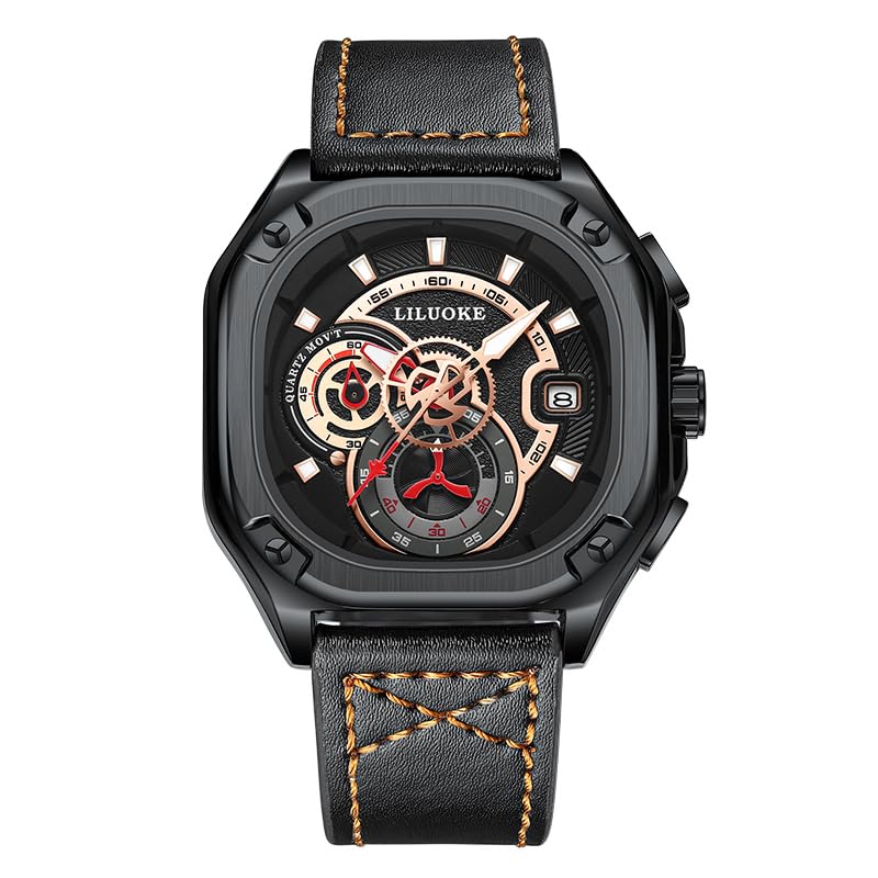 LILUOKE Men's Fashion Watch – Multifunction Quartz Chronograph with Date, Leather Strap, Skeleton Dial, Waterproof Sport Business Wristwatch (DT-LK9007G-01) - Image 1