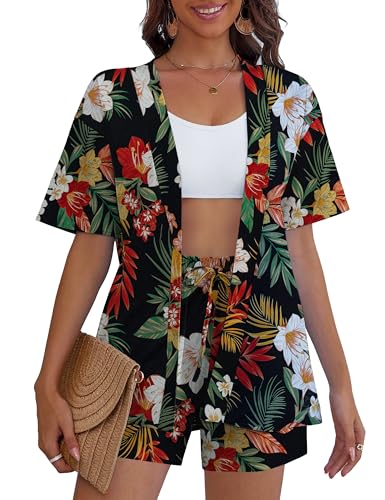 REDHOTYPE Women's 2 Piece Swimsuit Cover Up Kimono Beach Set with Shorts & Pockets Hawaiian Tropical Print Beachwear Bloom L - Image 2