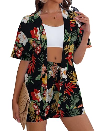 REDHOTYPE Women's 2 Piece Swimsuit Cover Up Kimono Beach Set with Shorts & Pockets Hawaiian Tropical Print Beachwear Bloom L - Image 3