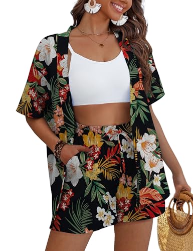 REDHOTYPE Women's 2 Piece Swimsuit Cover Up Kimono Beach Set with Shorts & Pockets Hawaiian Tropical Print Beachwear Bloom L - Image 1