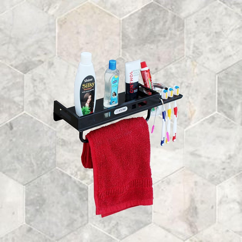 STONE STONE Multipurpose 3 in 1 Morden Style New Bathroom Shelf Rack Towel Rod Tumbler Holder with Brush Hanger Bathroom Accessories (Black) - Image 1