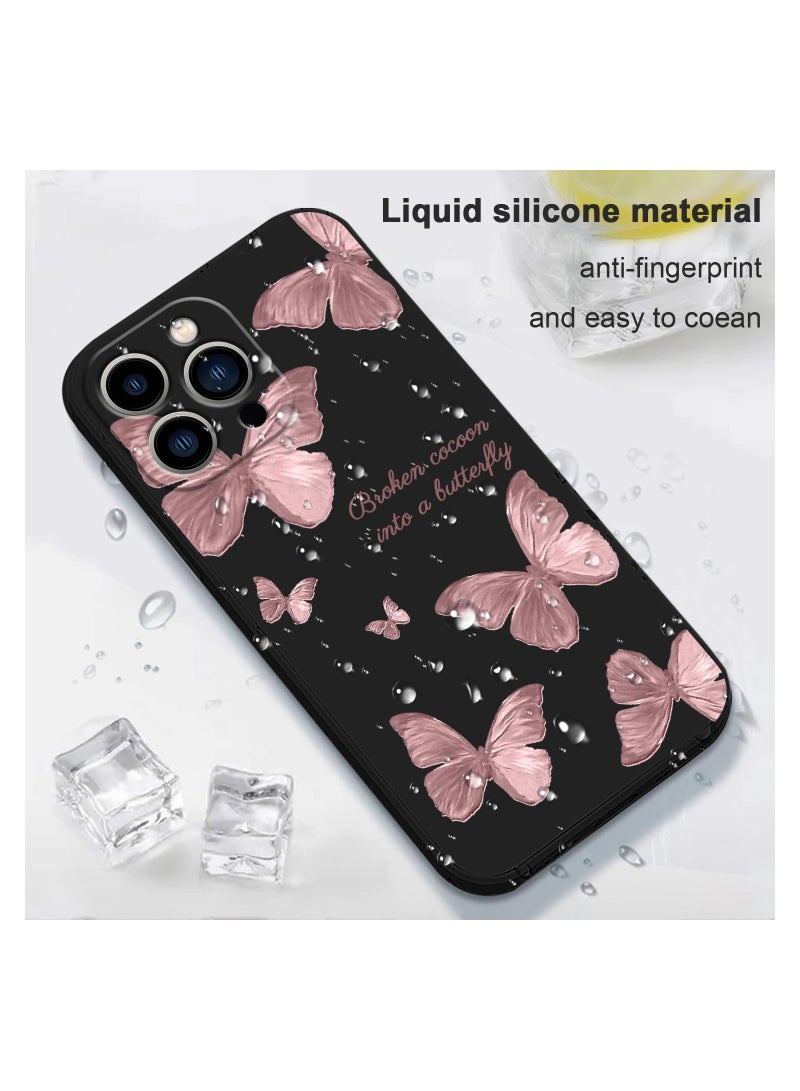 غطاء هاتف آيفون 12 برو ماكس بتصميم زهرة وفراشة وأسطورة كيوت، غطاء هاتف بسليكون سائل مع بطانة ميكروفايبر ناعمة، غطاء رقيق لآيفون 12 برو ماكس - فراشات وردية - Image 3