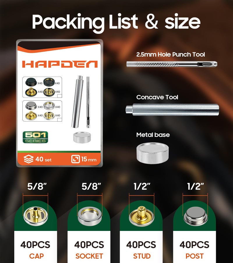 HAPDEN Leather Snaps and Fasteners Kit, New Upgraded 15mm 40 Set Silver Snap Button with Tools for Leather Crafting, Clothes, Fabric, Repair Decorative, Fabric, Garment Craft, DIY Crafts - Image 3