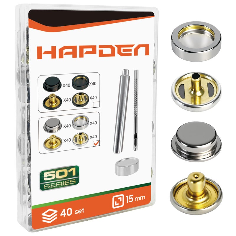 HAPDEN Leather Snaps and Fasteners Kit, New Upgraded 15mm 40 Set Silver Snap Button with Tools for Leather Crafting, Clothes, Fabric, Repair Decorative, Fabric, Garment Craft, DIY Crafts - Image 1