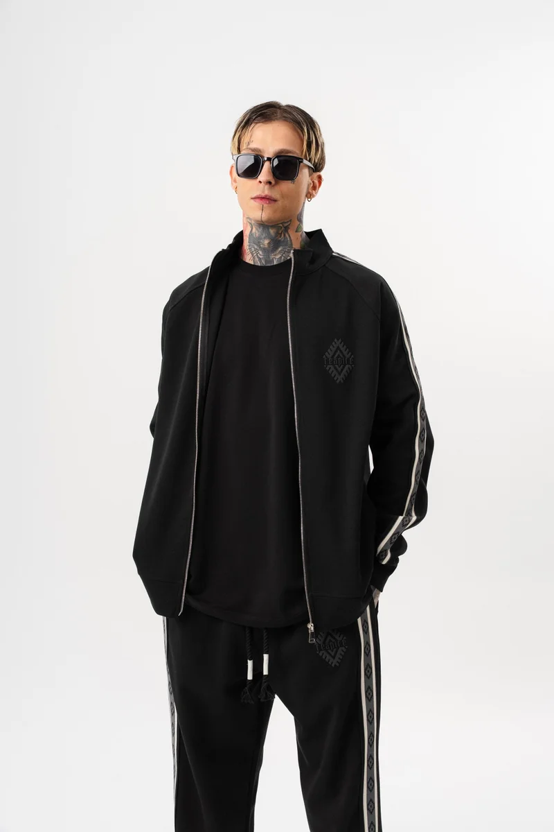 RESPIRE Men's Striped Stand Collar Doubleface Zip Oversize Sweatshirt Black