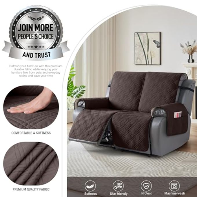 TAOCOCO 100% Waterproof Loveseat Recliner Cover, Non Slip Split Loveseat Covers for Reclining Sofa with Elastic Straps, Washable Recliner Chair/Furniture Protector for Pets(2 Seater, Chocolate) - Image 5