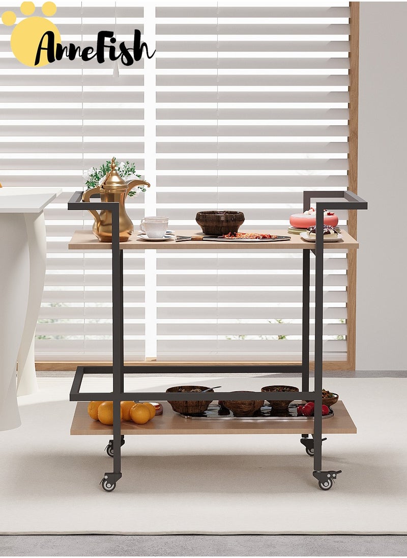 AnneFish 2 Tier Rolling Serving Trolley Home Bar Serving Cart with Wheels and Storage Shelves Beverage Cart with Protective Rails for Kitchen Dining Living Room  - Image 4