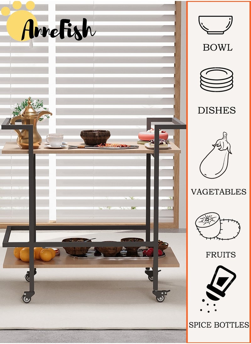 AnneFish 2 Tier Rolling Serving Trolley Home Bar Serving Cart with Wheels and Storage Shelves Beverage Cart with Protective Rails for Kitchen Dining Living Room  - Image 5