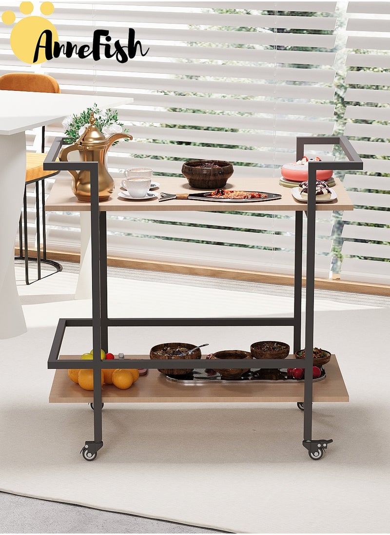 AnneFish 2 Tier Rolling Serving Trolley Home Bar Serving Cart with Wheels and Storage Shelves Beverage Cart with Protective Rails for Kitchen Dining Living Room  - Image 2