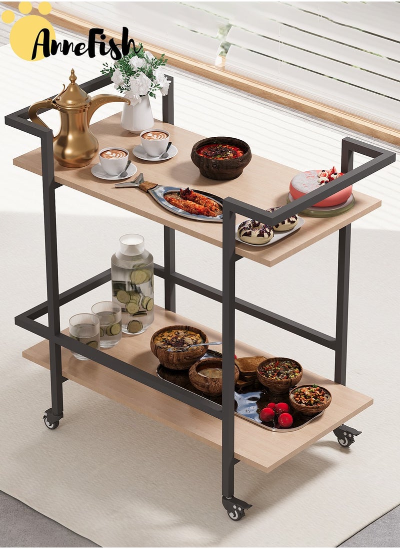 AnneFish 2 Tier Rolling Serving Trolley Home Bar Serving Cart with Wheels and Storage Shelves Beverage Cart with Protective Rails for Kitchen Dining Living Room  - Image 1