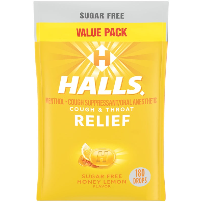 HALLS Relief Honey Lemon Sugar Free Cough Drops, Value Pack, 180 Drops - Image 1