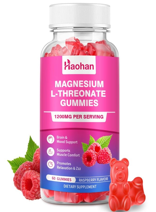 HAOHAN Magnesium L-Threonate 1200mg Gummies to Support Focus & Muscles, Sugar-Free Raspberry Flavor, 60 Count for Adults & Kids - Image 1