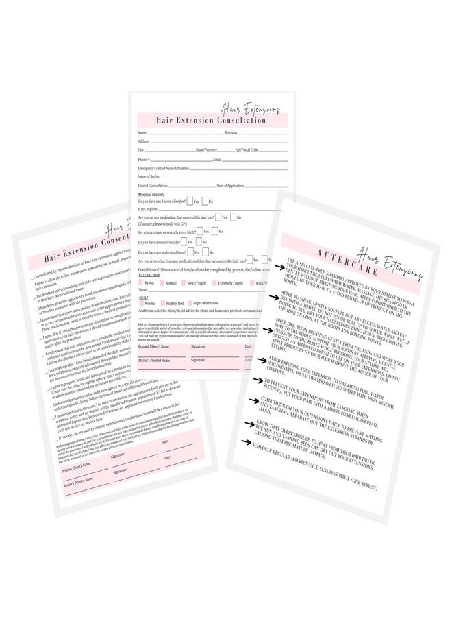 Lashicorn Hair Extensions Consultation, Consent, and Aftercare Form | 75 Pack | 8.5 x 11" A1 Forms | Client Forms Bundle | Hair Extension Supplies | White and Pink Design - Image 3