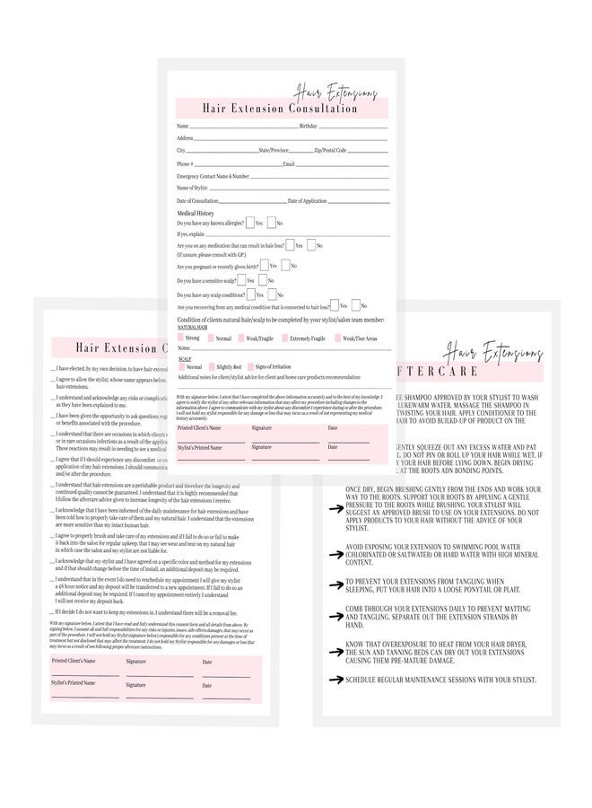 Lashicorn Hair Extensions Consultation, Consent, and Aftercare Form | 75 Pack | 8.5 x 11" A1 Forms | Client Forms Bundle | Hair Extension Supplies | White and Pink Design - Image 5