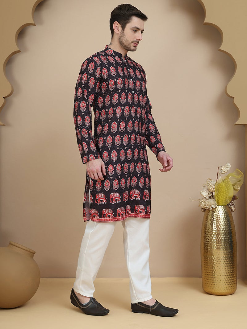 PRASHA Printed Silk Blend Straight Kurta Set for Men ( JOKP P 5251 Black ) - Image 3