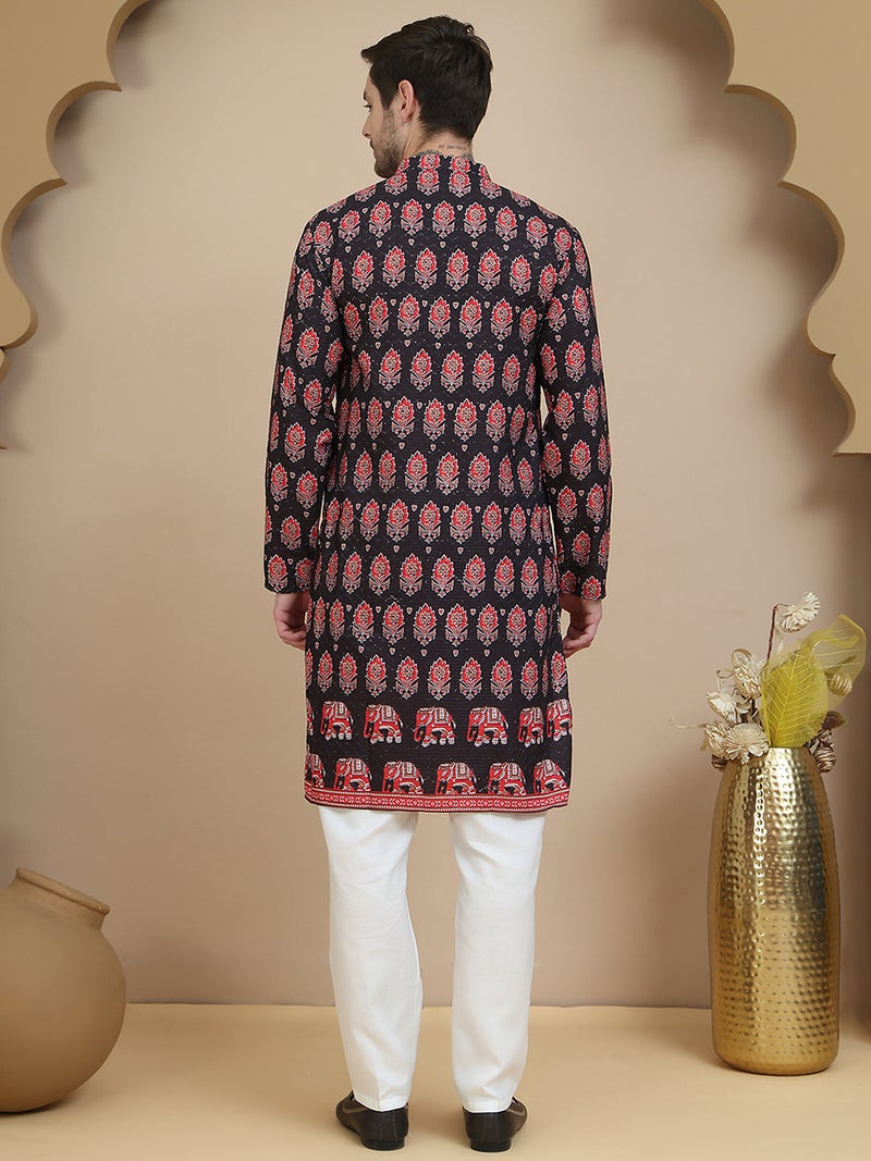 PRASHA Printed Silk Blend Straight Kurta Set for Men ( JOKP P 5251 Black ) - Image 2
