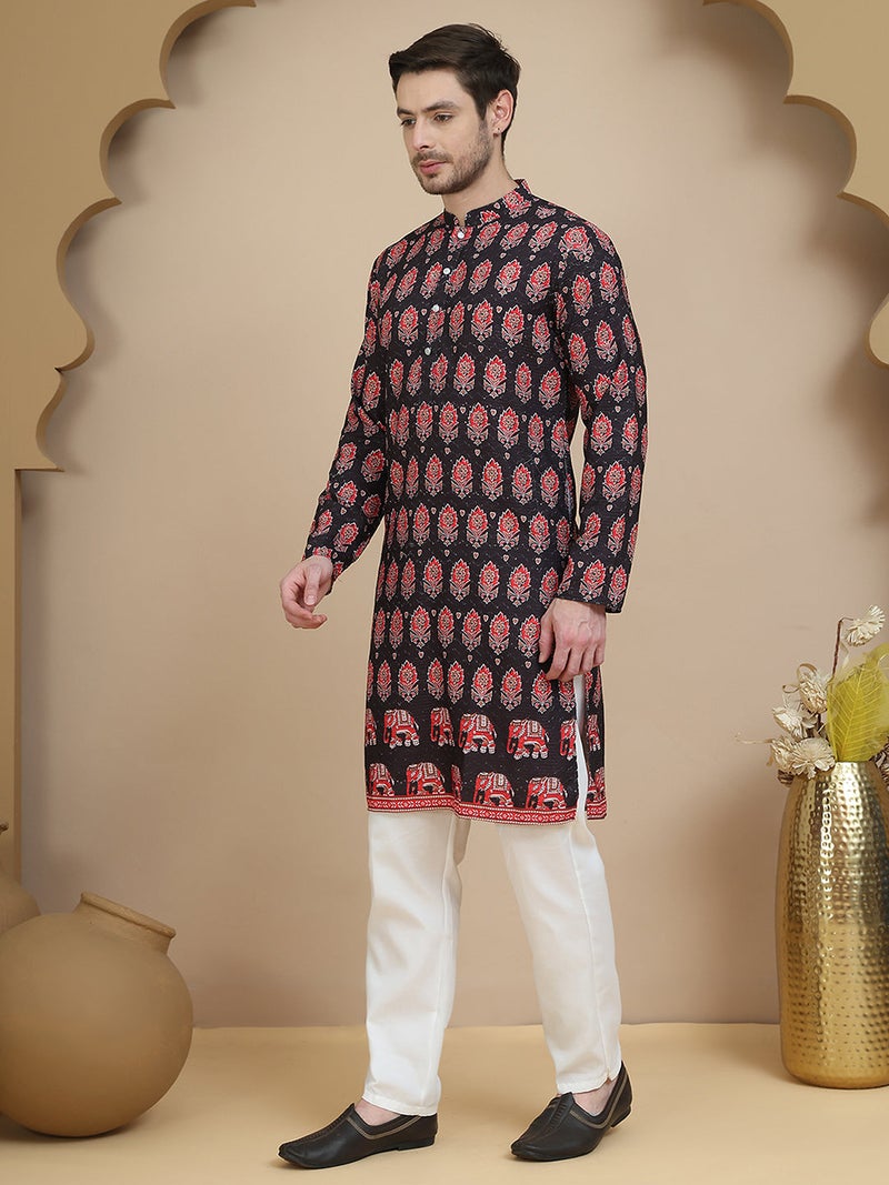 PRASHA Printed Silk Blend Straight Kurta Set for Men ( JOKP P 5251 Black ) - Image 1