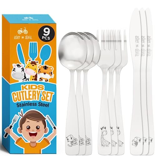 Asher and Olivia Kids and Toddler Utensils Silverware Set 9Piece Toddler Silverware Includes 3 Forks 3 Spoons and 3 KidFriendly Knives kids Metal silverware Flatware Cutlery Set for Preschooler Baby Child - Image 1