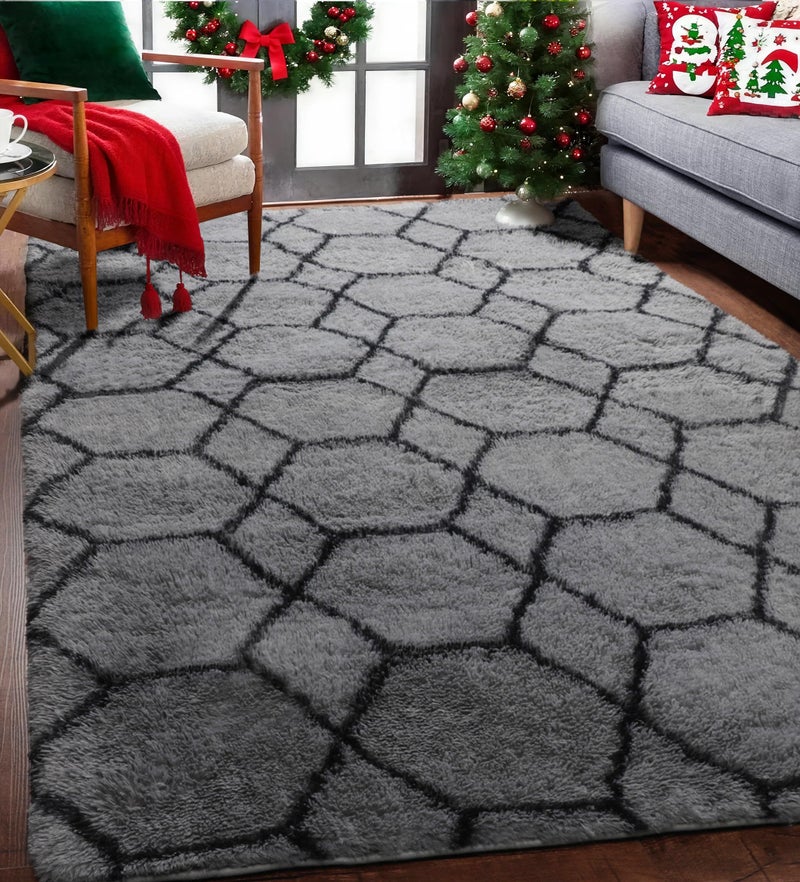 ONASAR Rugs for Living Room, Fluffy Soft 5x8 Grey and Black Geometric Area Rug for Bedroom, Shaggy Fuzzy Plush Moroccan Floor Carpet for Kids Boys Girls Teen Nursery Dorm Office Home Decor Aesthetic - Image 4