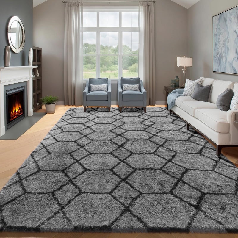 ONASAR Rugs for Living Room, Fluffy Soft 5x8 Grey and Black Geometric Area Rug for Bedroom, Shaggy Fuzzy Plush Moroccan Floor Carpet for Kids Boys Girls Teen Nursery Dorm Office Home Decor Aesthetic - Image 2