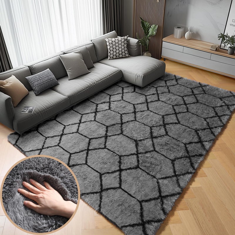 ONASAR Rugs for Living Room, Fluffy Soft 5x8 Grey and Black Geometric Area Rug for Bedroom, Shaggy Fuzzy Plush Moroccan Floor Carpet for Kids Boys Girls Teen Nursery Dorm Office Home Decor Aesthetic - Image 1